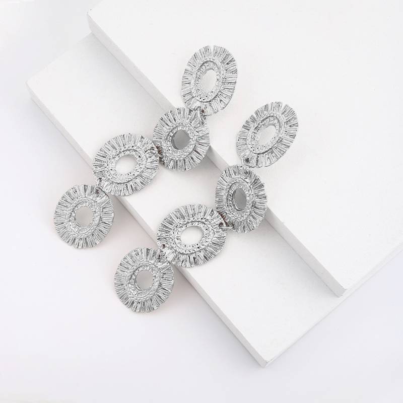 Long Golden Silvery Circular Discs Pendant Drop Earrings 