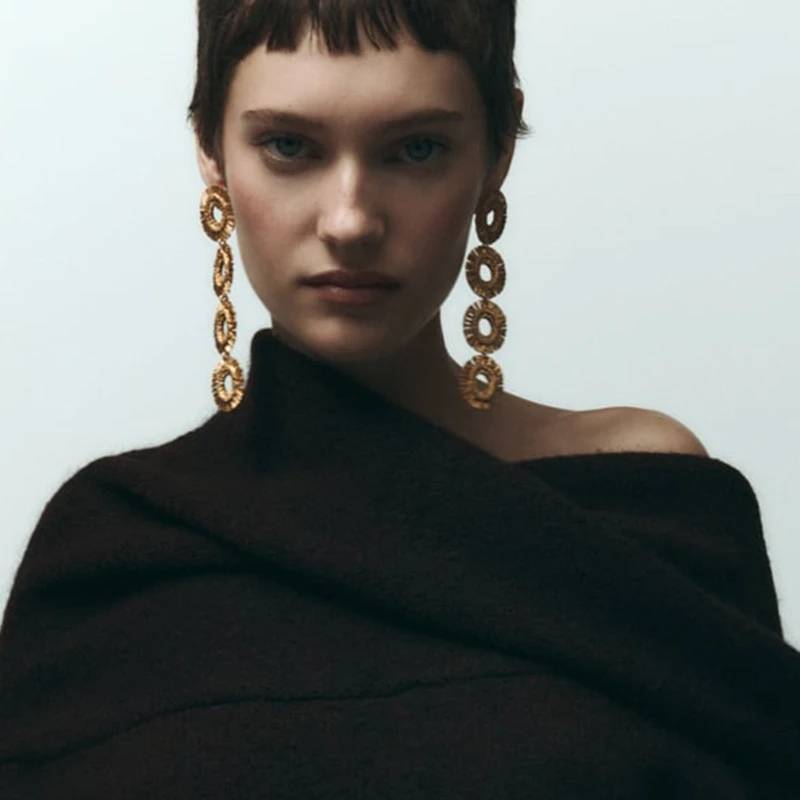 Long Golden Silvery Circular Discs Pendant Drop Earrings 