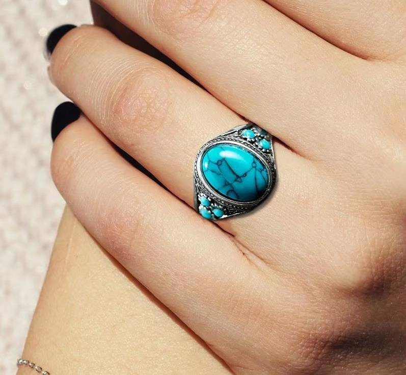 Oval Faux Turquoise Antique Silver Cocktail Ring Men Jewelry New Arrivals Rings Rings Women Jewelry 