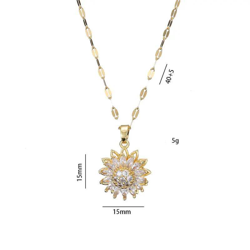 Rotatable Sunflower Flower Floral Cubic Zirconia Pendant Necklace Necklaces New Arrivals Pendants Women Jewelry 