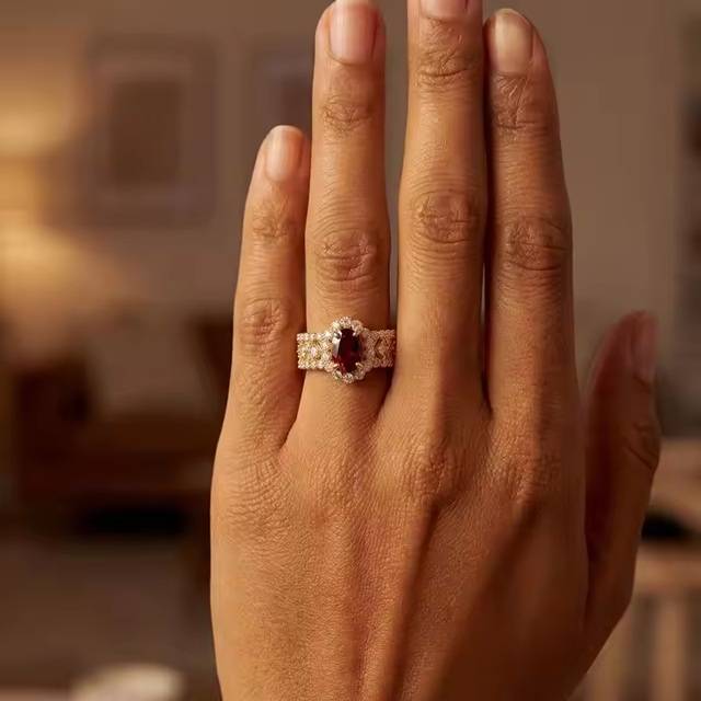 Red Oval Cubic Zirconia Golden Engagement Ring New Arrivals Rings Wedding & Engagement Jewelry Women Jewelry 