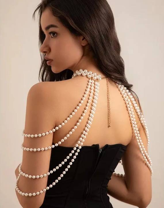 Elegant Bridal Pearl Tassels Shoulder Chain Necklace Body Jewelry Wedding & Engagement Jewelry 