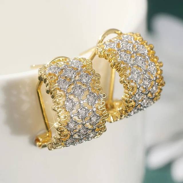 Golden Crescent Lattice Hoop Earrings Earrings New Arrivals Women Jewelry Metal Color: WC1824-1 